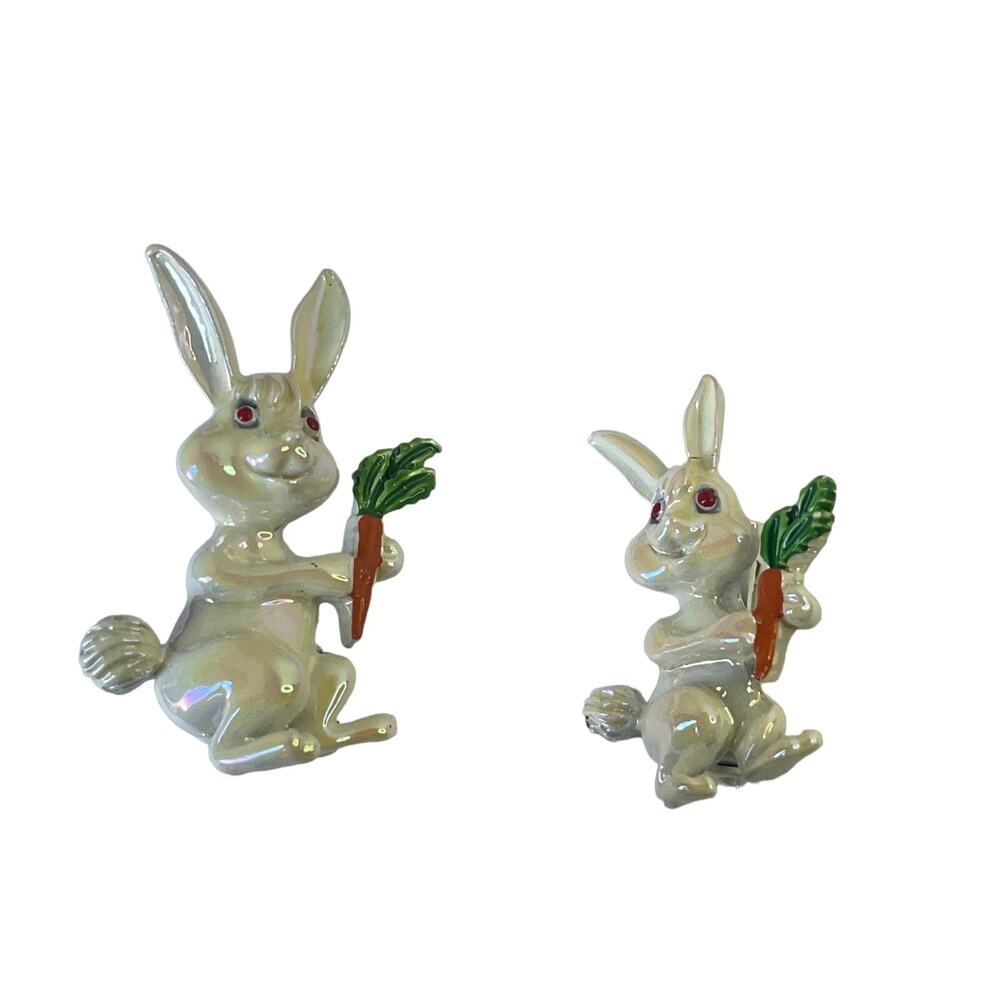 Vintage 2 white iridescent enamel Easter bunny rabbit holding carrot brooch Pin